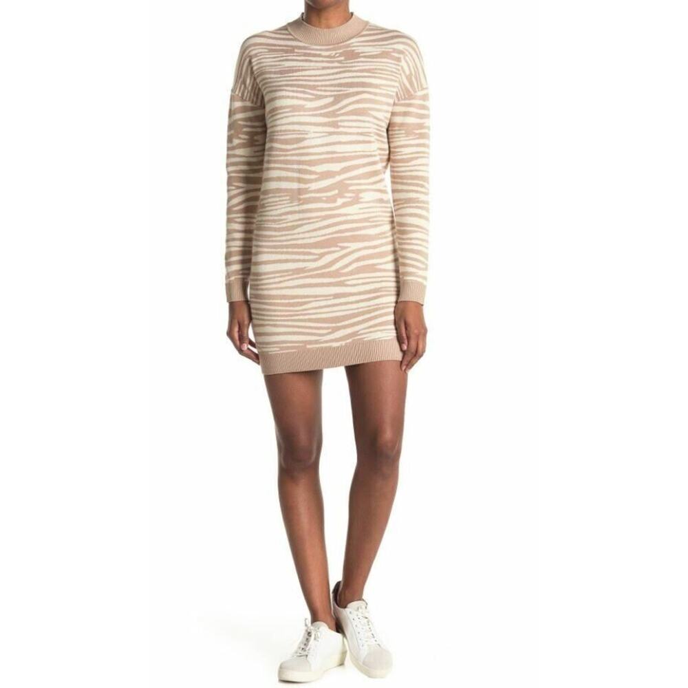 WAYF Womens Intarsia Zebra Print Long Sleeve Sweater Dress Beige Medium MSRP $50